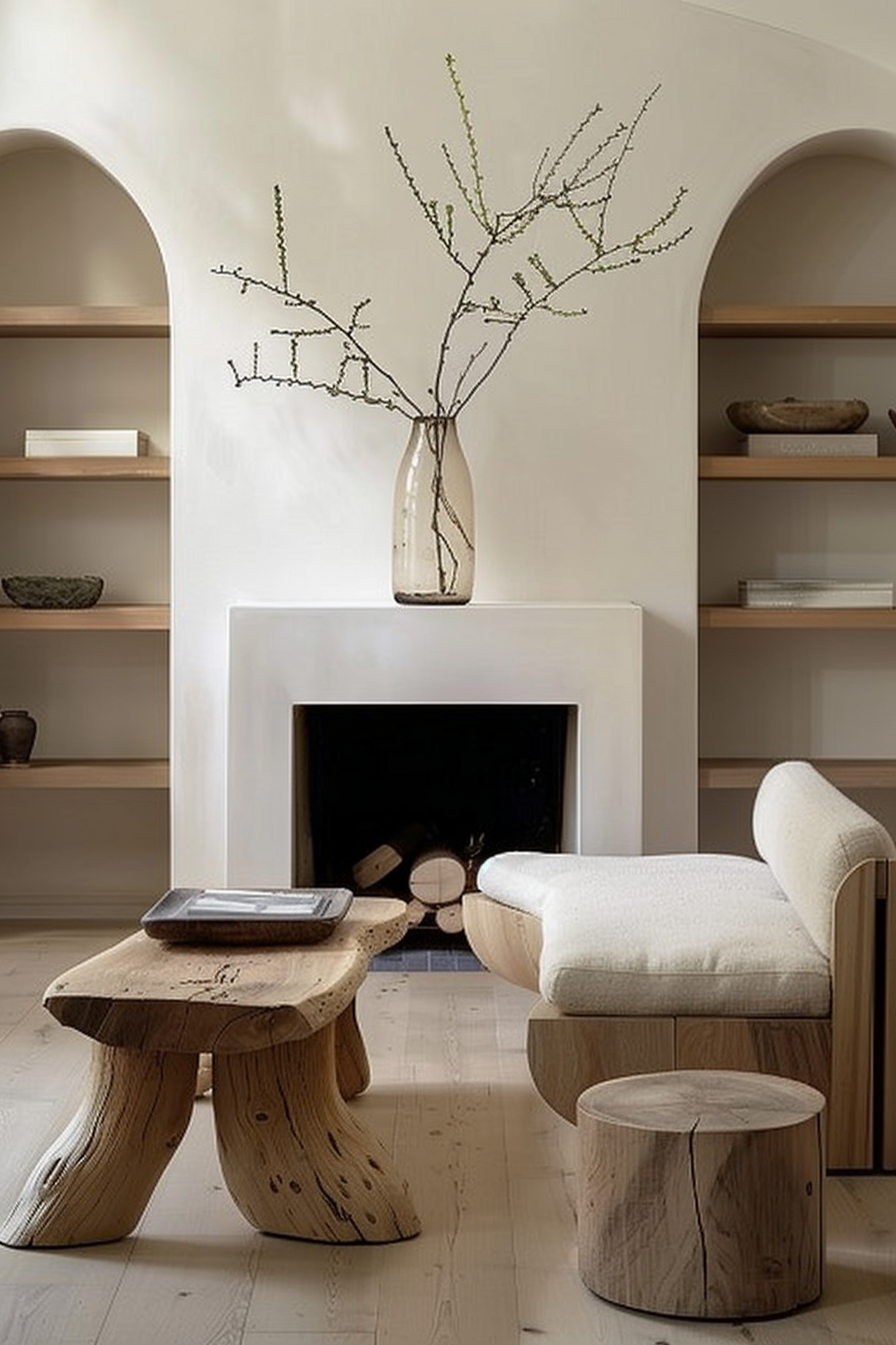 The photo shows a serene living room corner with a modern fireplace. A clear glass vase with budding branches sits atop the mantel, providing a natural aesthetic accent. To the left, built-in shelves are sparsely decorated with a few books and minimalist pottery. In front of the fireplace, a unique, chunky wooden coffee table holds a book, flanked by a matching wooden stool and a contemporary armchair with plush white upholstery. The room has a muted color scheme with beige walls, white molding, and a light wood floor, creating a tranquil and inviting space. Modern living room corner with a fireplace, wooden coffee table, armchair, and decorative branches in a vase.