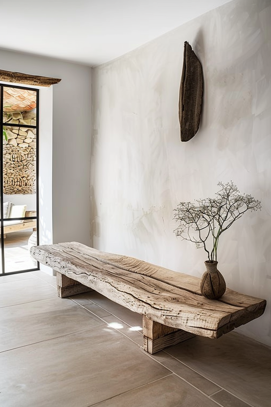 The picture shows a minimalist interior scene with a rustic wooden bench against a textured white wall. On the bench rests a simple vase with delicate, dried flower stalks. To the left, an open doorway reveals what appears to be a stone wall or sculpture outside. Hanging on the wall above the bench is a single, slender, elongated wood or metal piece, which might be a decorative element or artwork. Minimalist interior with rustic bench, vase with dried flowers, and decorative wall art.