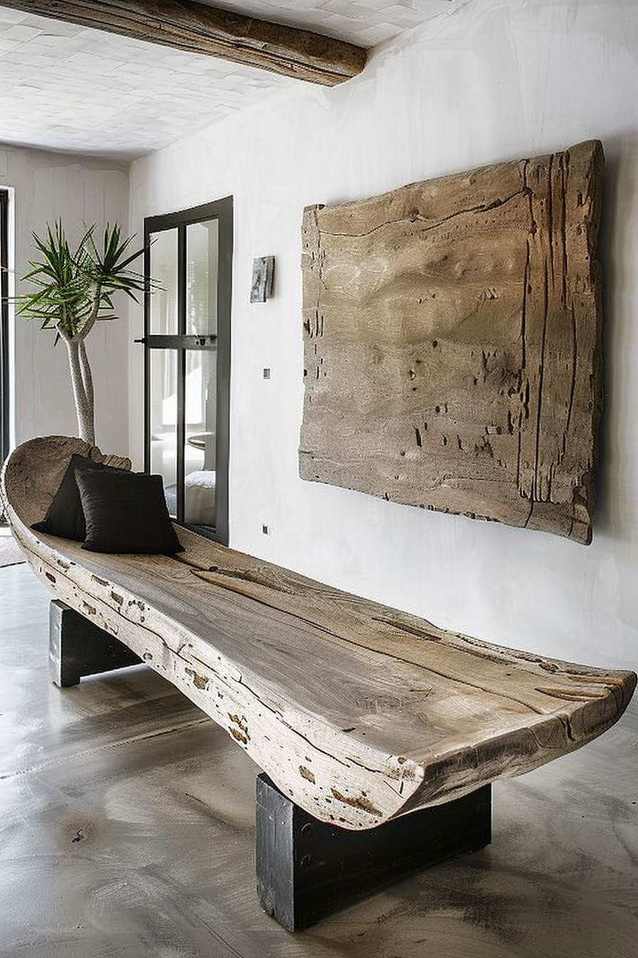 The scene is an elegantly minimalist interior with a unique wooden bench as the centerpiece. This bench, with its polished finish and natural edges, is supported at each end by black, block-style legs. The space is accented by a large, textural artwork mounted on the white wall to the right of the bench, featuring what appears to be a natural, rough-hewn wood panel. In the corner, a spiky Dracaena plant in a glass vase adds a touch of greenery. The room is bright, with a whitewashed ceiling featuring visible wooden beams, complementing the modern and rustic aesthetic. The floor is a smooth concrete, contributing to the room's sleek yet warm ambiance. Rustic wooden bench in a minimalist interior with textured wall art and a potted Dracaena plant.