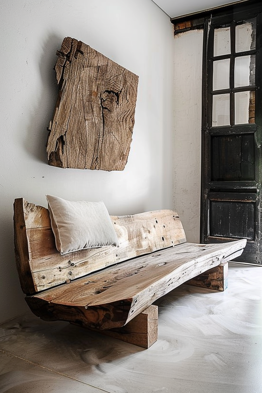 The scene features a rustic wooden bench with a cozy white pillow placed against a white wall. Above the bench, a decorative wooden panel with a rugged texture is mounted on the wall. To the right, there is a glass-paned door with a black frame that appears to be vintage. The floor has a whitewash finish, completing the minimalist and natural aesthetic of the space. Rustic wooden bench with white pillow and decorative wood panel on wall near vintage glass door.