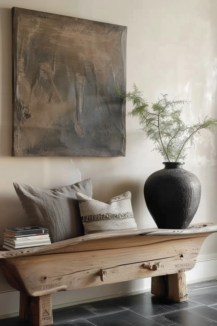 In this scene, there is a rustic wooden bench with a textured dark vase on one end, which holds a delicate green plant. Balanced on the bench are a few scatter cushions and a pile of hardcover books. On the wall above the bench hangs a large abstract canvas with dark, earthy tones. The overall vibe is cozy and artistic, with a touch of minimalism. The background wall and floor suggest a modern interior setting. Rustic wooden bench with cushions, books, a textured vase with a plant, and an abstract painting above.