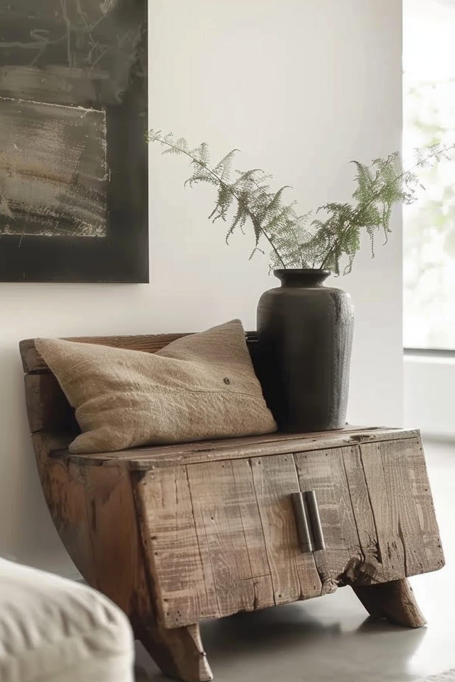 A rustic wooden bench holds a dark vase with delicate ferns and is adorned with two beige pillows. A blurred artwork hangs in the background. Rustic bench with vase and ferns, beige pillows, against a blurred artwork background.