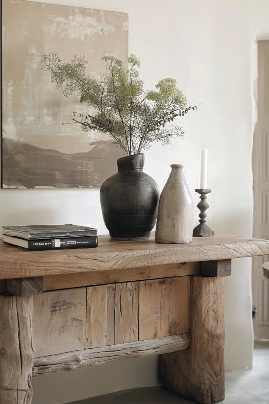 The scene shows a rustic wooden console table against a wall with a neutral color palette. On top of the table, there is a large black vase holding a green plant, next to a smaller beige vase and a gray candlestick without a candle. In front of these items, two black books are stacked. Behind the table, a large abstract painting with beige, white, and hints of green dominates the background, contributing to a serene and minimalist aesthetic of the setting. Rustic wooden table with black vase and greenery, beige vase, candlestick, and abstract painting in background.