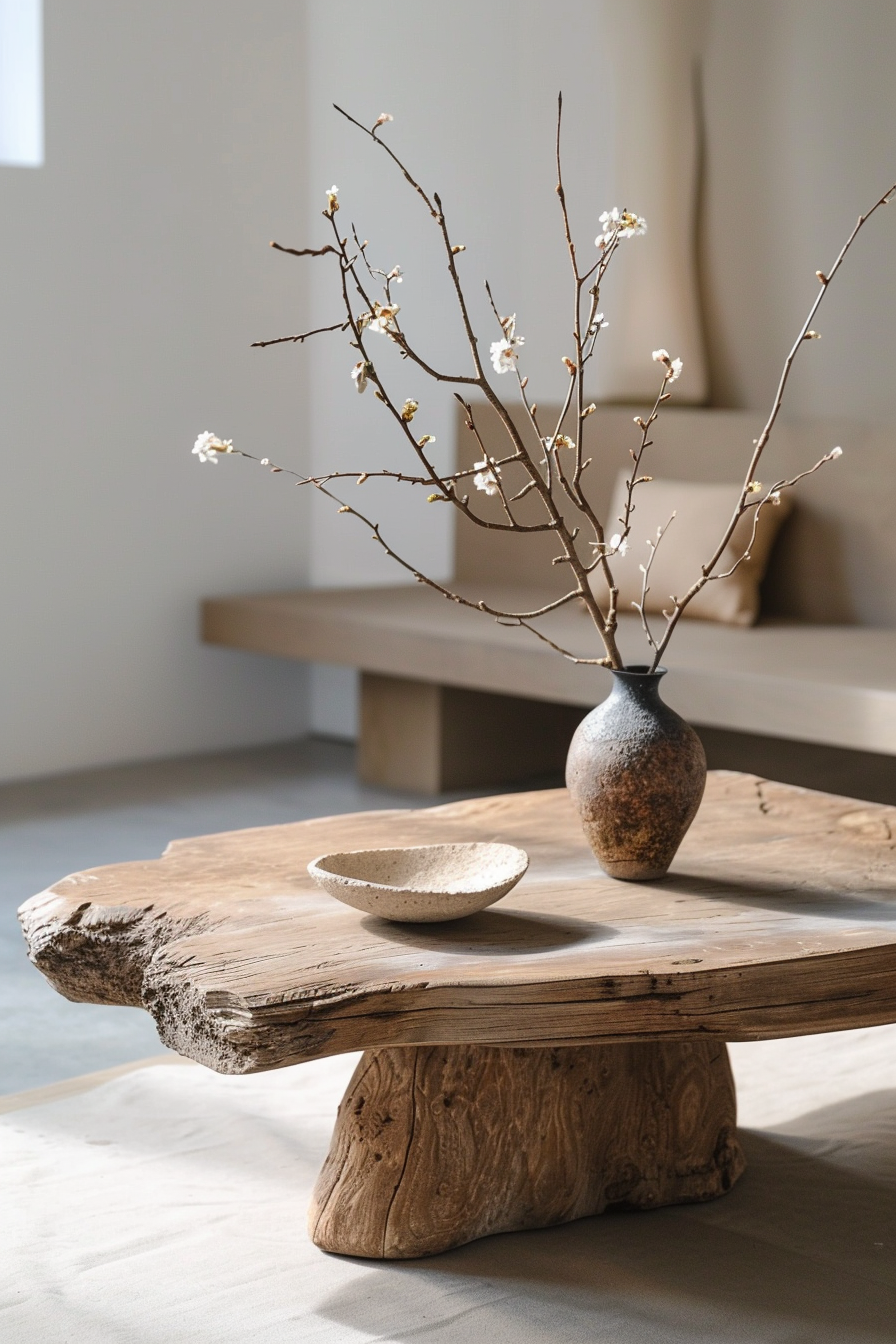 The photo shows a rustic wooden coffee table with a natural, uneven edge. On it, there's a textured ceramic vase holding a sprig with white blossoms. Beside the vase is a shallow, similarly textured bowl. The setting appears peaceful with soft natural lighting. Rustic wooden table with a ceramic vase and blossoms, alongside a matching bowl.