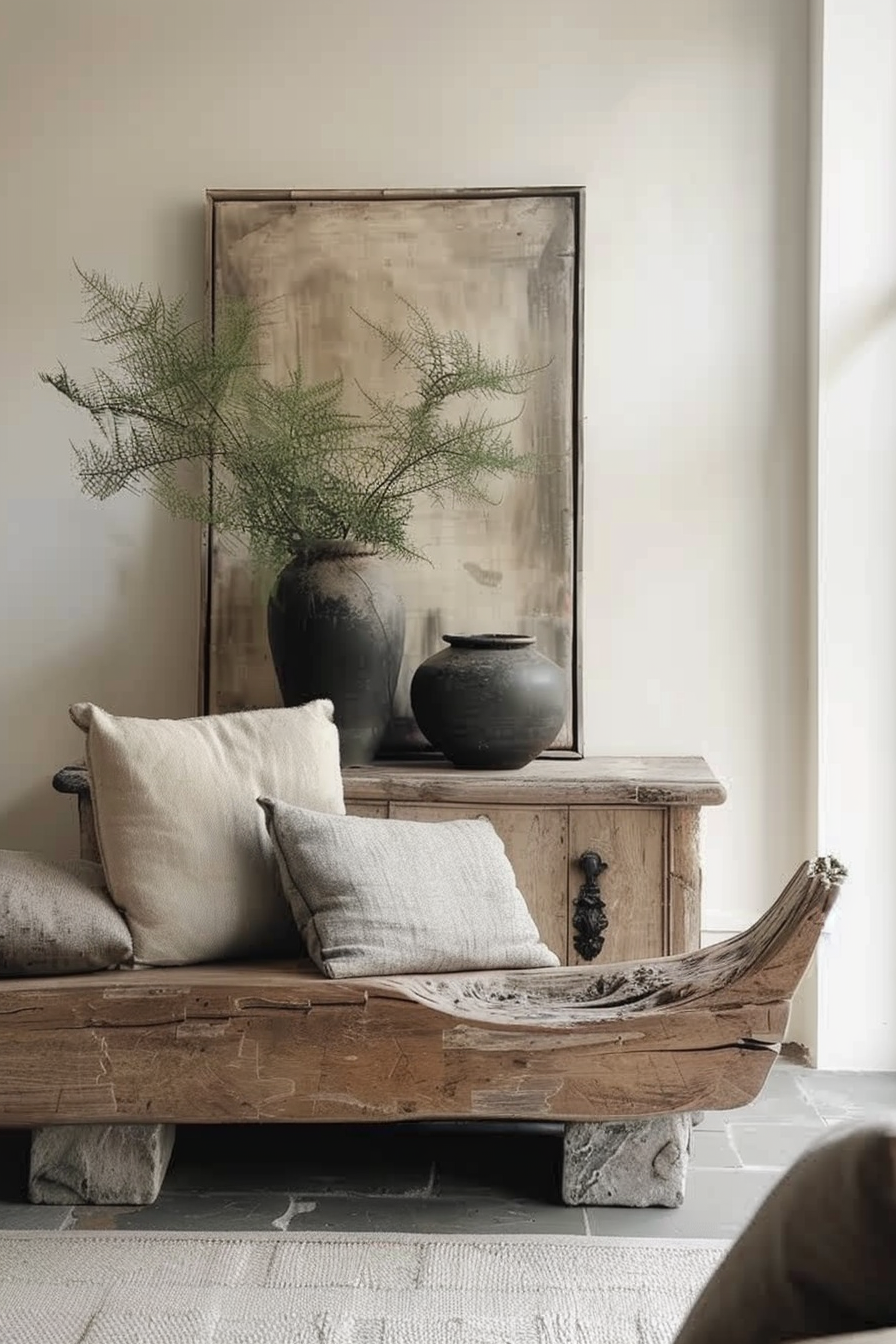 A rustic wooden bench with cushions sits in front of a textured painting, flanked by two large ceramic vases with greenery. Rustic bench with cushions, ceramic vases with branches, and an abstract painting in a serene room.