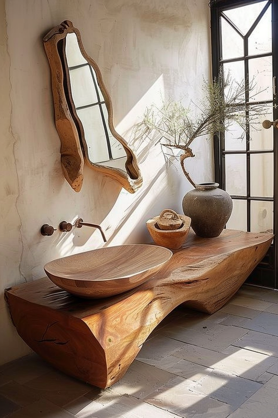 You see a rustic wooden bathroom sink crafted from a solid piece of wood, giving it a unique and natural shape. Above it, there is a mirror with a similarly natural, uneven wooden frame that mimics the organic form of the sink below. To the right of the sink is a large urn-style vase containing a wild branch, adding to the organic aesthetic of the scene. The bathroom fixtures are simple, with a focus on the wood, and there's a window with a black frame that lets in natural light, casting soft shadows on the white-painted wood floor. Rustic wooden sink and mirror with natural shapes in a bright bathroom with white floors and a window.
