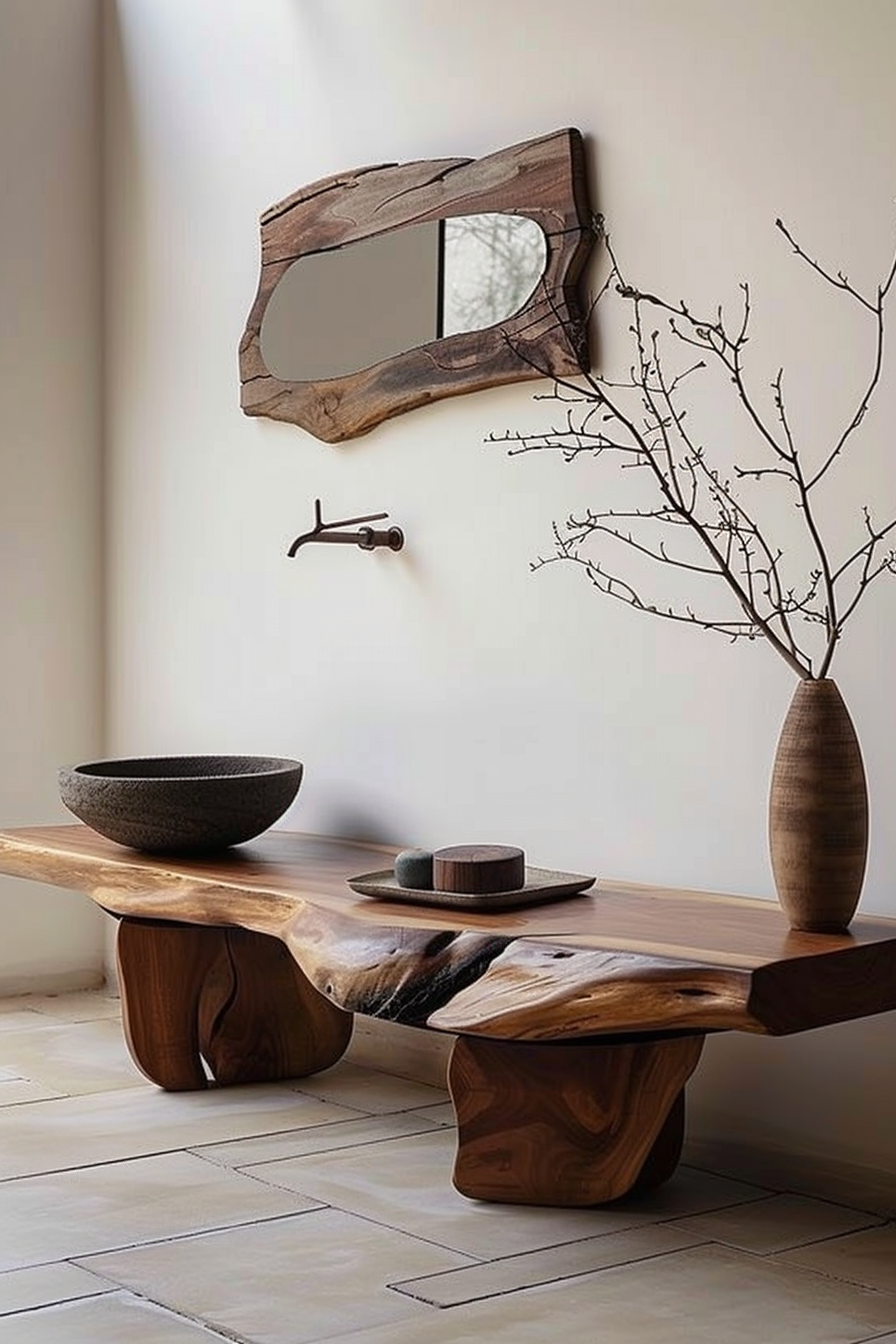 The scene shows a modern interior featuring a unique wooden bench with natural edges, supporting a large stone bowl, a decorative tray with a small stone and wooden item, and a tall wooden vase holding a branch with budding leaves. Above the bench is a distinctive mirror framed with a rough hewn wood piece, resembling a natural live edge. A simple, elegant metallic coat hook is mounted on the wall to the left of the mirror. The floor has large, light-colored tiles, and together, the pieces convey a minimalist aesthetic with organic and rustic accents. A rustic wooden bench with decorative items, a mirror, and a coat hook in a modern minimalist setting.