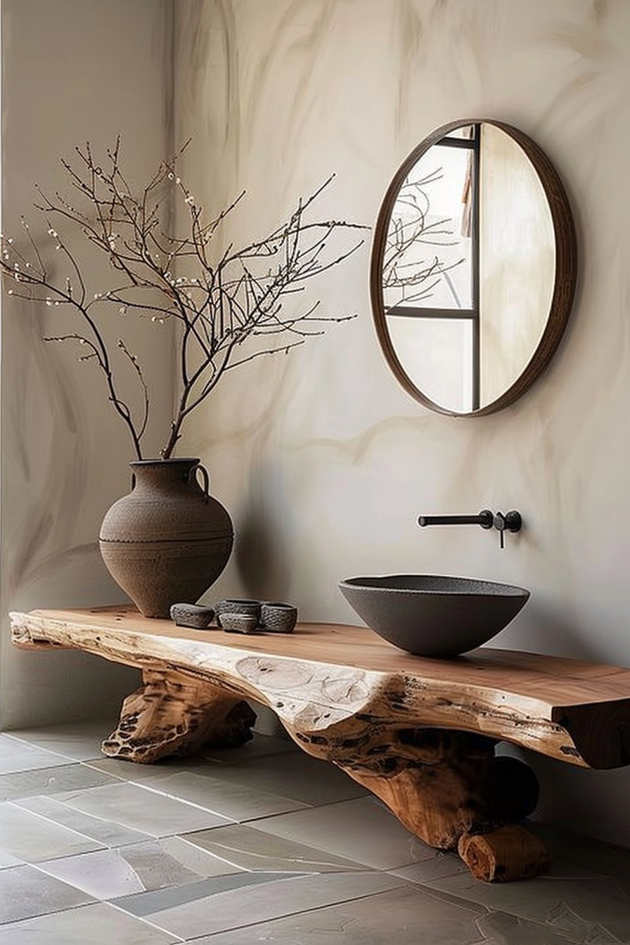 The scene shows a bathroom vanity area with a rustic design. A large, gnarled piece of wood serves as the countertop, supported by similarly textured wooden bases. On the countertop, there's a sizeable textured clay vase with delicate bare branches emerging from it. Beside the vase, there are small stone-like containers. To the right, a round, framed mirror is mounted on the wall, reflecting the branches and a window pane. The wall-mounted faucet extends over a dark bowl sink that complements the natural and earthy tones of the décor. The floor is tiled with large, light grey tiles. Minimalist bathroom with rustic wooden vanity, clay vase with branches, round mirror, and dark bowl sink.