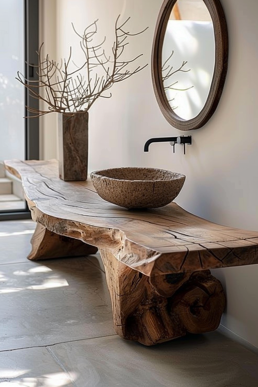 A rustic wooden slab functions as a bathroom sink counter, holding a stone vessel sink. Above is a round mirror, and a dried branch decorates the scene. Rustic wooden bathroom counter with stone sink and branch decor near a round mirror