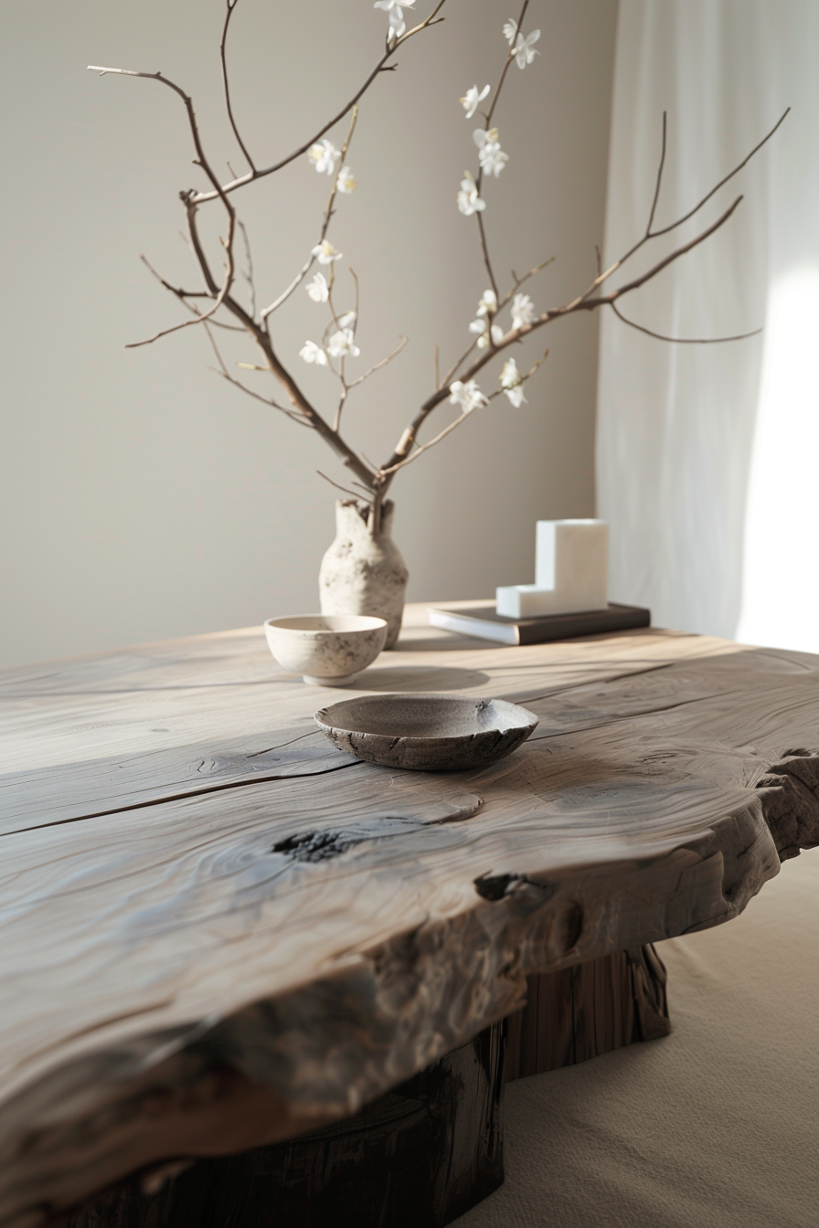 The scene captures a rustic wooden table with a textured surface and natural edges. On top of the table rests a vase with budding branches, which are adorned with delicate white flowers. Alongside the vase are two ceramic dishes, one shallow and the other a small bowl. In the background, the soft silhouette of a curtain can be seen, suggesting a serene, well-lit interior space. Rustic wooden table with a vase of white flowers and ceramic dishes in a serene interior.