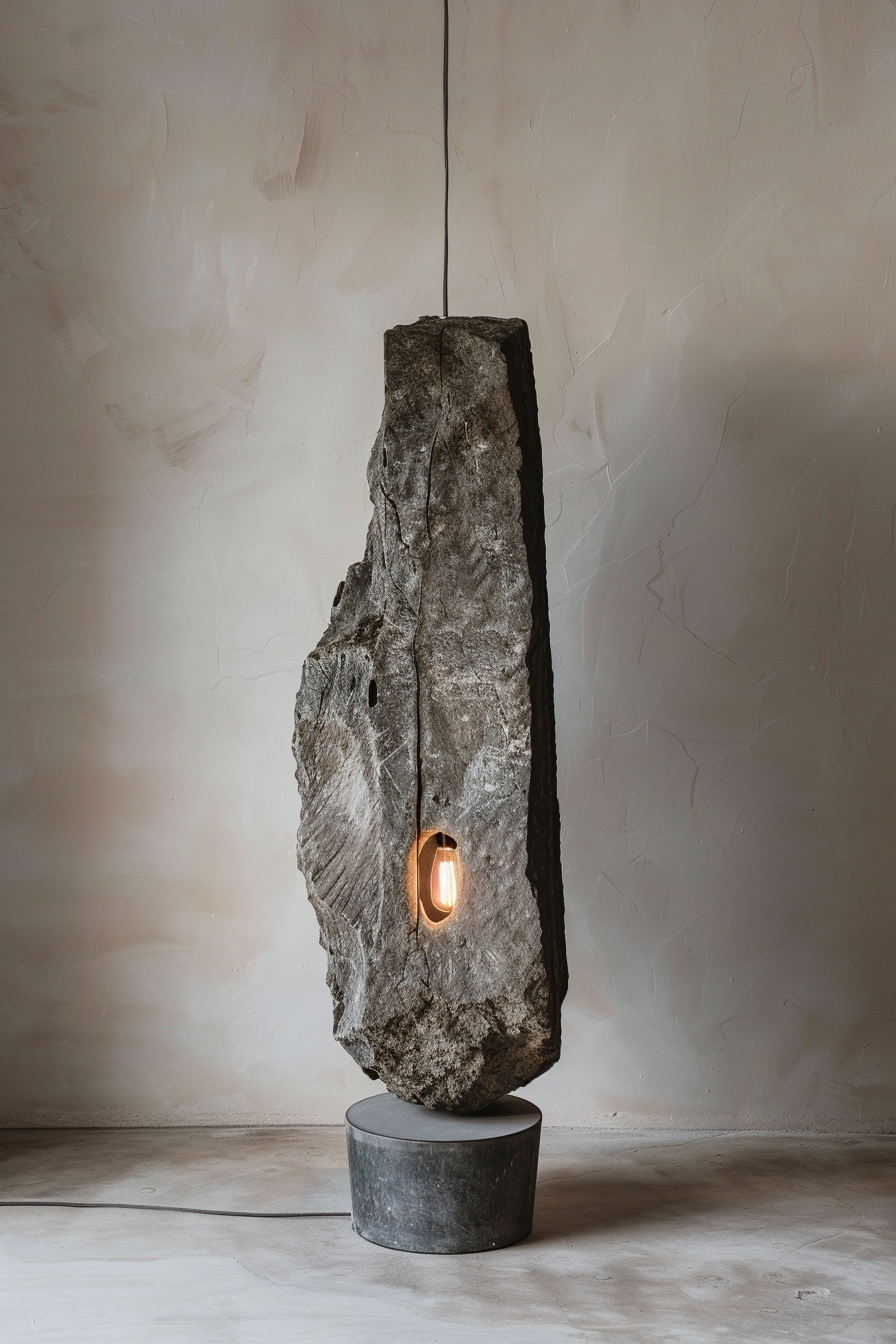 The picture shows a unique pendant light fixture composed of a large, rough-hewn rock suspended above a cylindrical stone base. A warm light bulb is embedded within the rock, illuminating a cavity and casting a soft glow. The entire setup is positioned against a neutral textured wall and sits on a concrete floor. Pendant light with exposed bulb in a carved rock hanging above a concrete base against a textured wall.