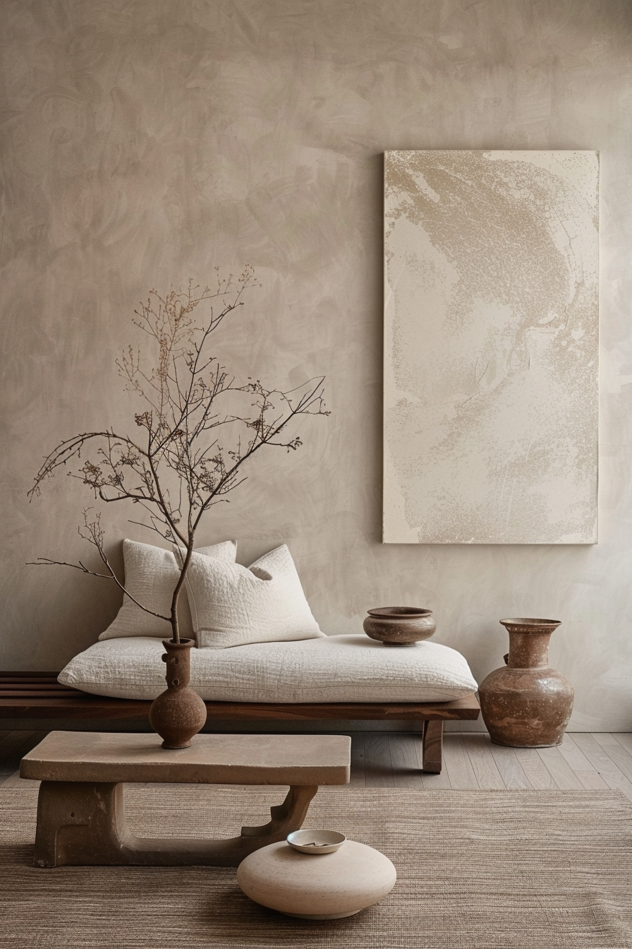 Minimalist living room with textured walls, abstract art, a bench with cushions, a rustic vase with dried branches, and pottery.
