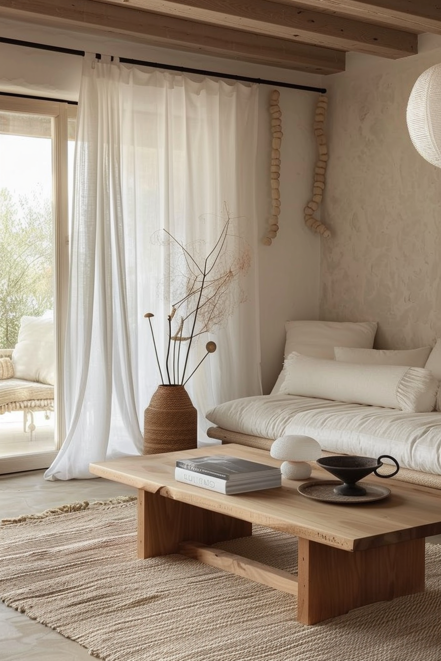 Cozy minimalist living room with sheer curtains, wooden furniture, textured rug, and decorative dried plants.
