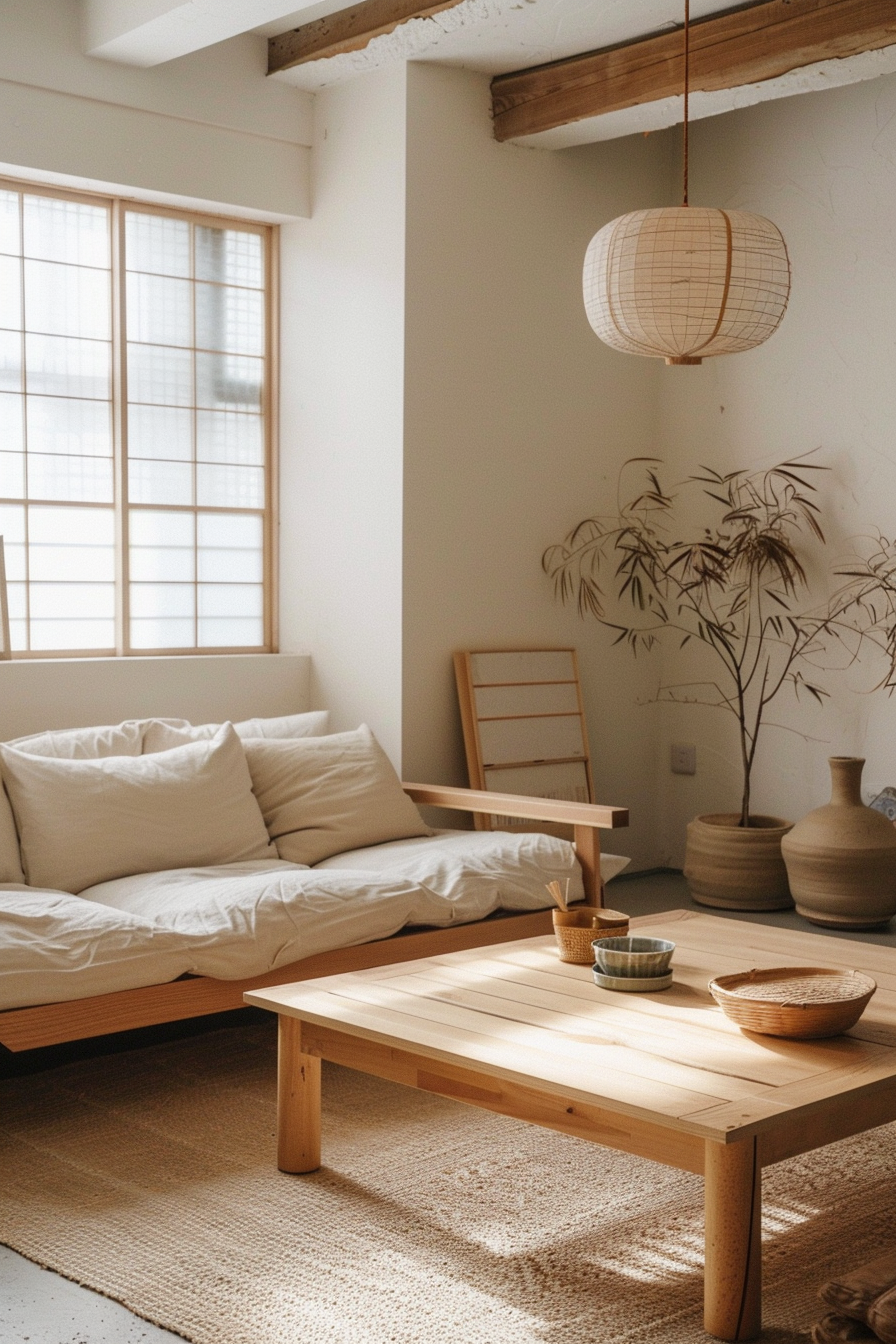 A cozy, minimalist room with a low wooden bed, simple furniture, a hanging paper lantern, and a potted plant casting soft shadows.