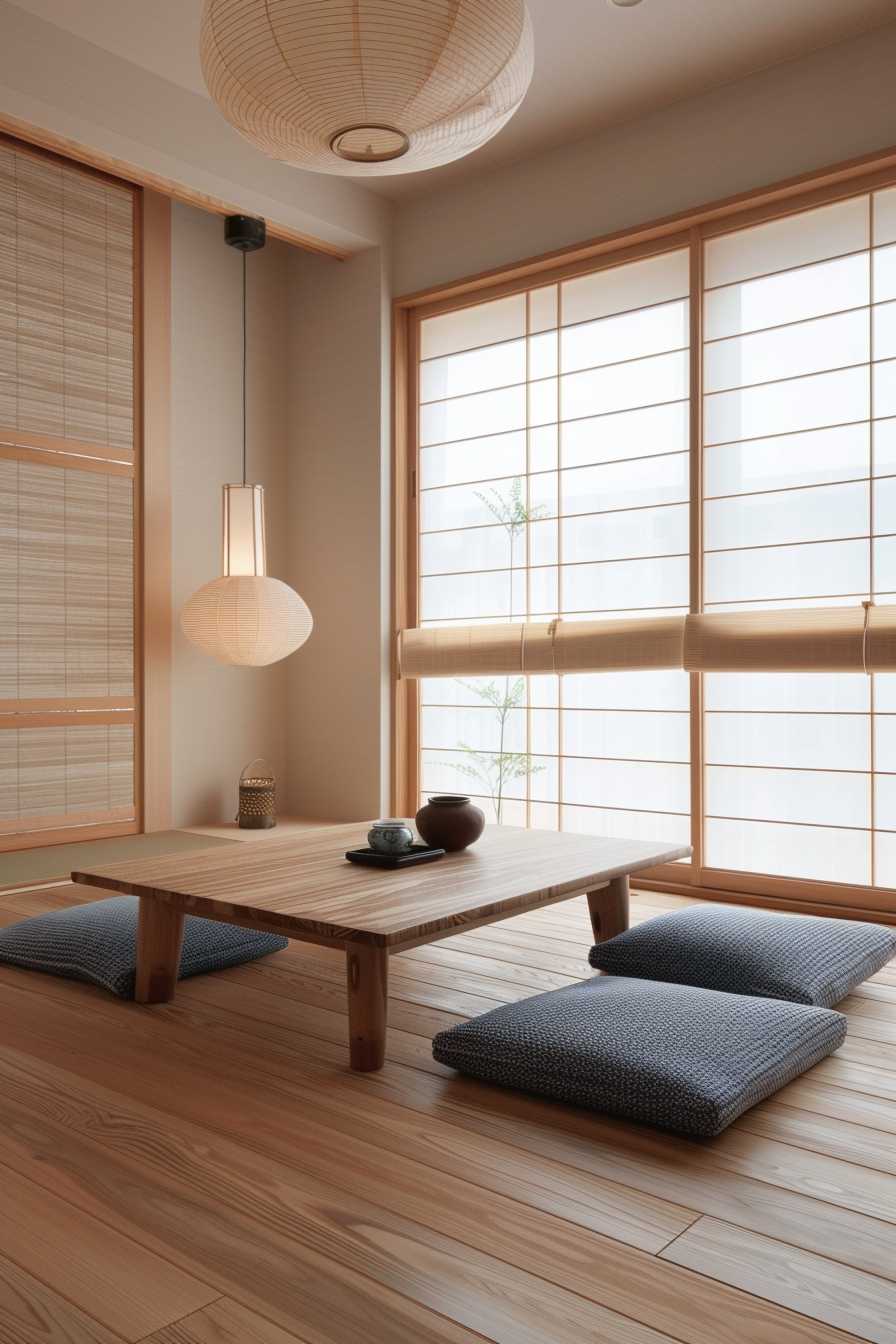 A serene Japanese-style room with tatami flooring, shoji screens, a low wooden table, cushions, and a hanging paper lantern.
