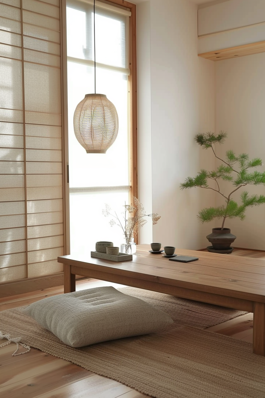 ALT: A serene Japanese style room with tatami flooring, a low wooden table, cushion, hanging lantern, a bonsai tree, and sliding shoji doors.