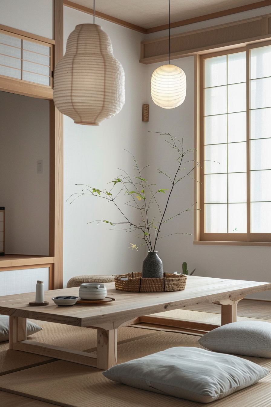 A serene Japanese style dining room with low wooden table, floor cushions, tatami mats, and pendant lights.