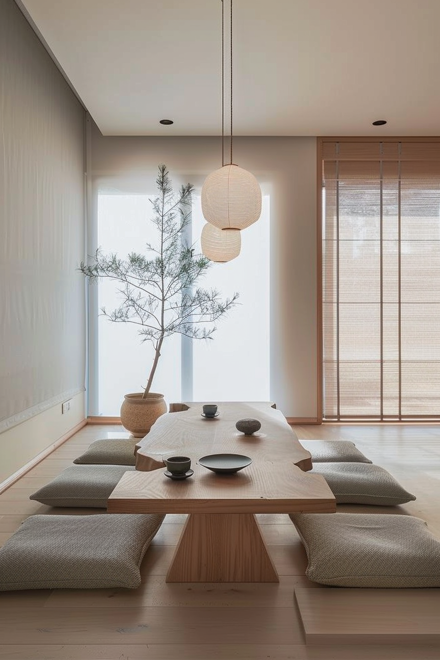 ALT: A minimalist dining room with a wooden table, floor cushions, hanging paper lanterns, and a potted plant by the window with bamboo shades.