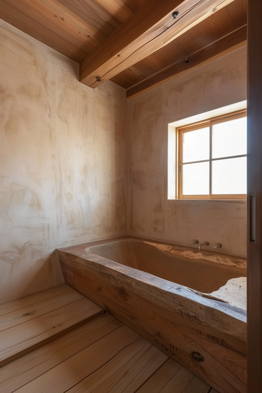 ALT: A rustic bathroom with a wooden bathtub and flooring, plastered walls, and a window allowing natural light.