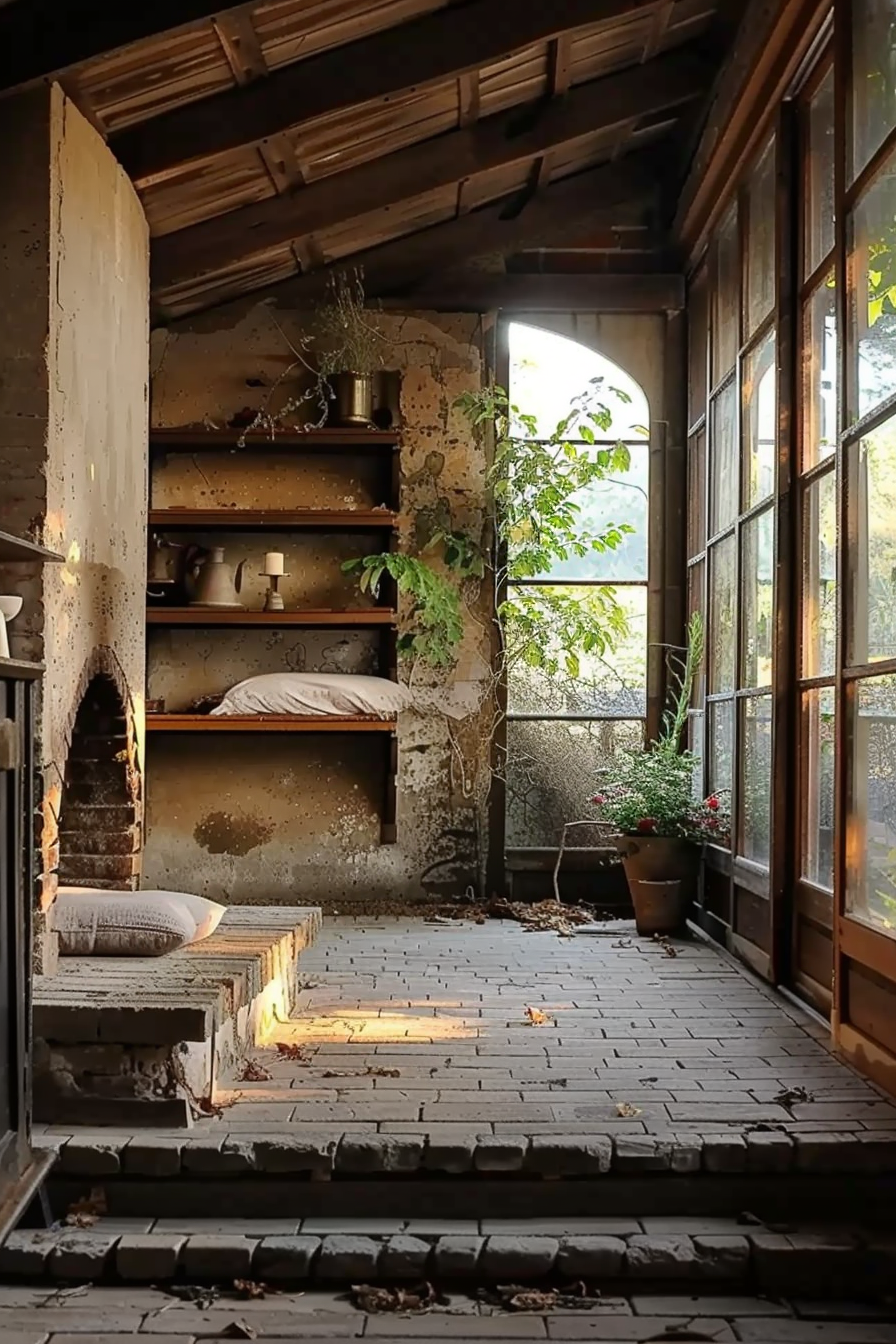 The scene shows a rustic interior that appears to be a mix of an indoor and outdoor space. The flooring is made up of brick tiles, with a few scattered leaves indicating a connection to the outdoors. To the left, there's a small nook with shelves built into a rough, textured wall. The shelves hold a few items such as pots and a lamp. Below the shelves, there's a recessed area with a cushion, suggesting a makeshift bed or seating area. The right side opens up to a large window or glass wall that lets in natural light, illuminating the space and a potted plant in front of it. The roof is made of wooden beams and planks, contributing to the overall rustic charm of the setting. The space feels somewhat abandoned, blending elements of nature with the indoors in a harmonious way. Sunlight filters into a rustic room with a bed nook, potted plants, and a glass wall overlooking nature.