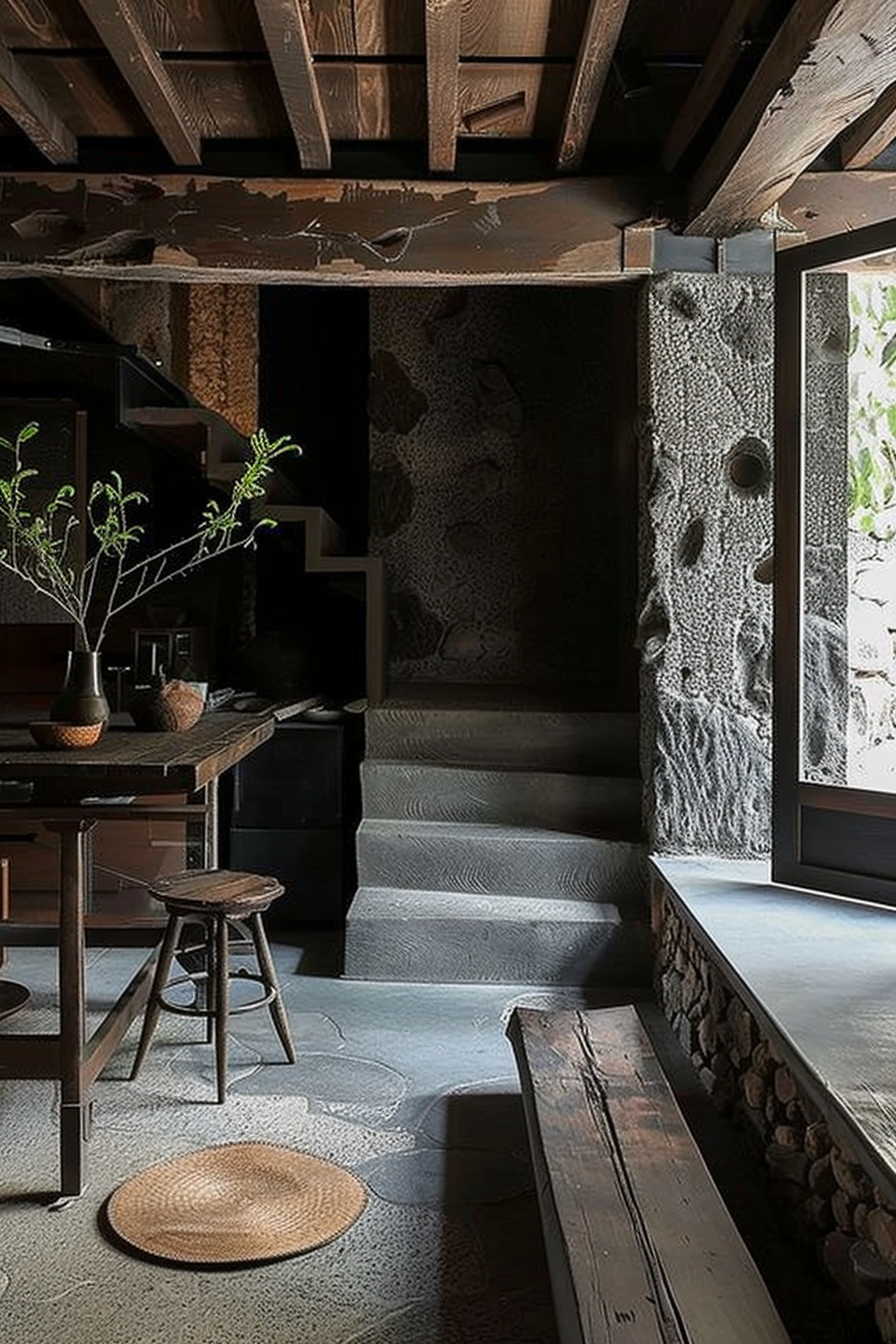 The scene presents a rustic interior space with a tranquil and aged aesthetic. Exposed ceiling beams and uneven stone walls give a sense of historical charm, while a simple wooden table and stool add functionality to the setting. A vase with sprouting greenery rests atop the table, infusing a touch of life into the otherwise earth-toned environment. Concrete stairs, partially illuminated by natural light from the window, ascend to an upper level, suggesting a multi-story dwelling. The floor is a mix of polished stone and wooden elements, coordinating with the natural materials that dominate the space. A circular woven mat is placed beside the table, emphasizing the handcrafted feel of the room. ALT: Rustic interior with wooden furniture, exposed beams, and stone walls, enhanced by natural light.