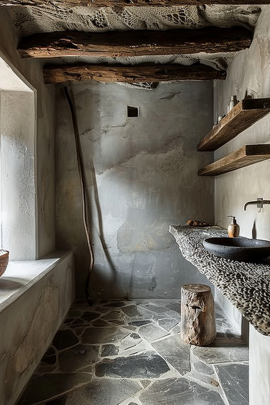 The scene shows a rustic bathroom with a natural and earthy design. There is a stone countertop with a round black basin and a simple wall-mounted tap. Wooden shelves are fixed to the wall on the right, holding a few toiletries. The floor is laid with irregular shaped slate tiles. The wall is finished with a rough plaster texture. Above, exposed wooden beams support a jute or hemp fabric which forms the ceiling. On the left, a ledge extends from the wall and a long, narrow wooden object leans in the corner. Rustic bathroom with stone countertop, black basin, wooden shelves, slate flooring, and exposed wooden beams.