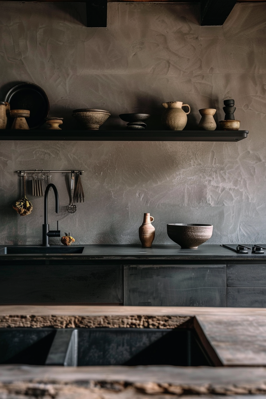 The image displays a modern kitchen with a dark color scheme. There is a sleek countertop with a built-in sink and a matte black faucet. Above the sink, on a wall-mounted shelf, various rustic pottery pieces are neatly arranged. The backsplash is a textured wall with subtle patterns. Kitchen utensils hang from a holder attached to the wall near the faucet, adding a functional touch to the aesthetic. Modern kitchen with dark cabinets, a sink, black faucet, and rustic pottery on a shelf.