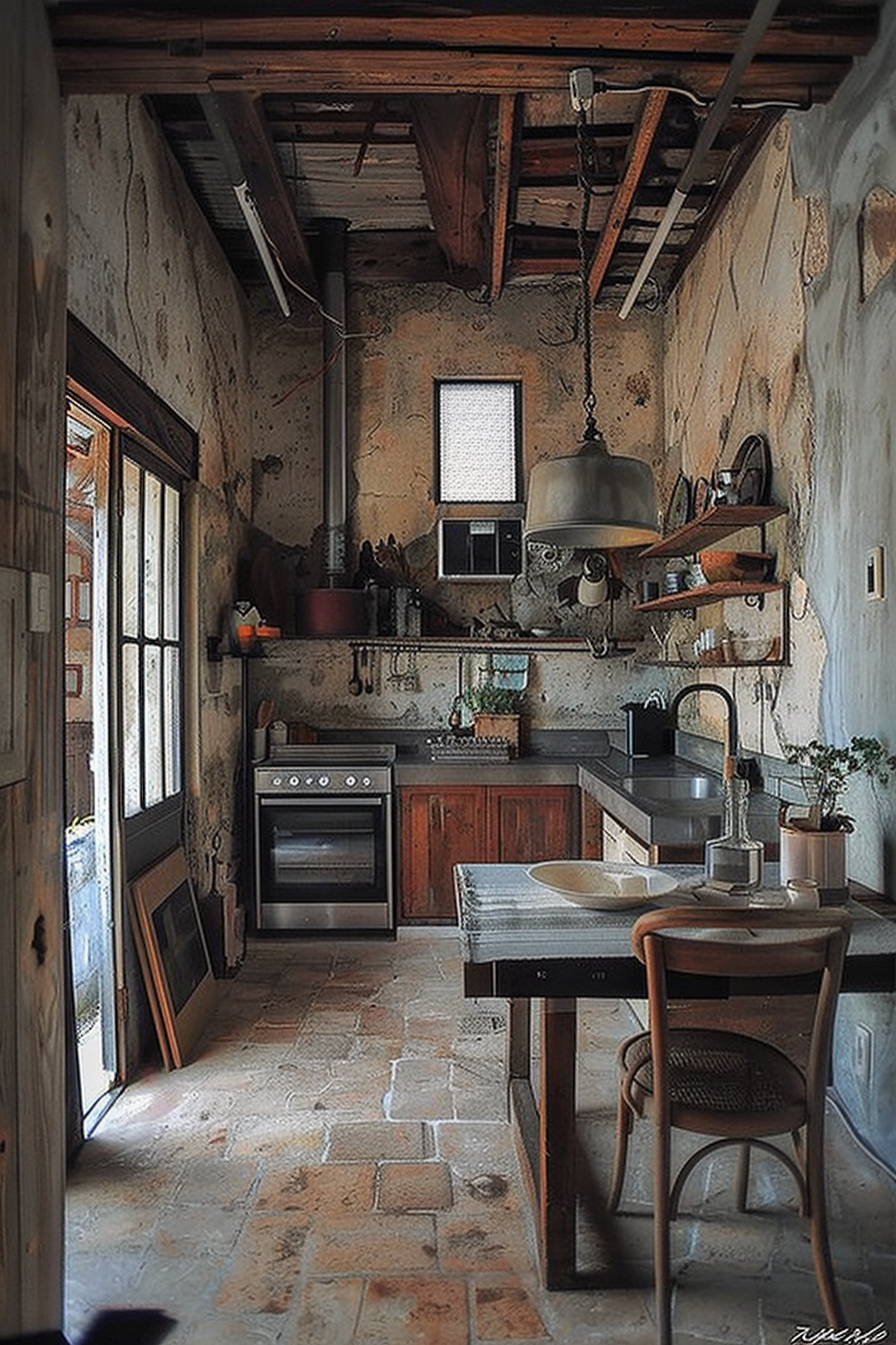 The image shows a rustic kitchen with a vintage charm. There are exposed wooden beams on the ceiling, and the walls have a rough, unfinished look. The kitchen counter is on the right, with a stove, some wooden shelves above it holding pots and utensils, and a metallic hanging light fixture. On the left, there is a window and a door with glass panes that allow natural light into the space. A small wooden table with a tiled top and a single chair is positioned in the center of the kitchen, suggesting a cozy area for dining or working. The flooring consists of terracotta tiles that add to the old-world feel of the kitchen. Rustic kitchen interior with terracotta tiles, antique furniture, and exposed beams.