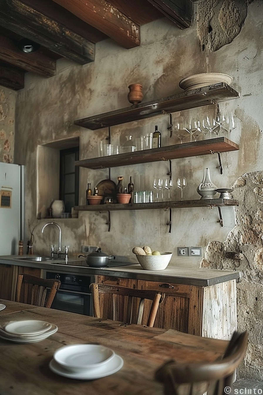 The image shows a rustic kitchen scene with natural wood furniture and exposed stone walls, creating a cozy, old-world atmosphere. There is a wooden dining table in the foreground with empty white plates set on it. Behind the table, there is a kitchen counter with a built-in sink and a modern stove. Above the counter, two wooden shelves mounted on the wall hold various kitchen items including wine glasses, bottles, pots, and a bowl of lemons. The overall design combines modern appliances with traditional materials and textures. Rustic kitchen interior with wooden furniture, stone walls, and modern appliances.