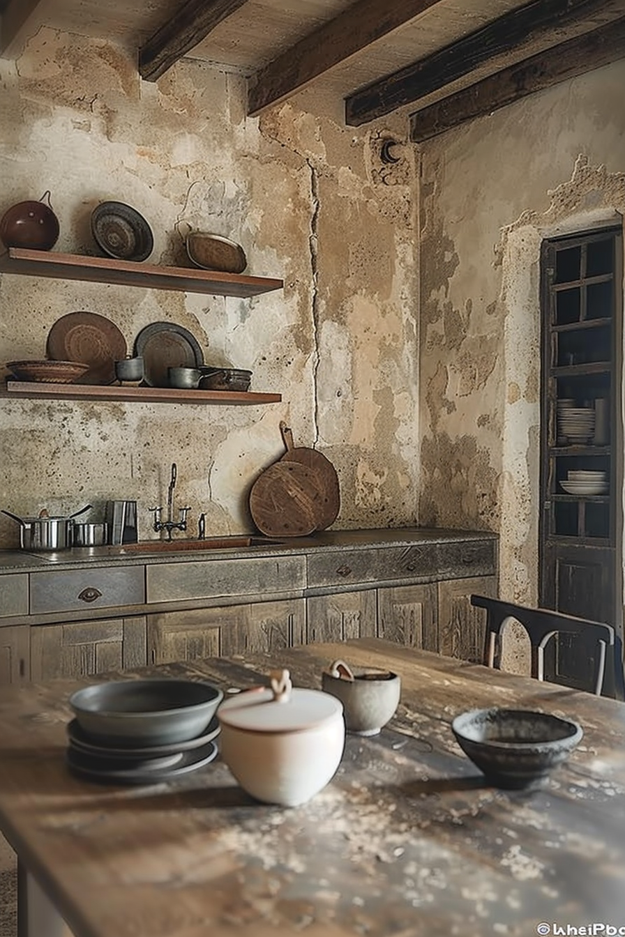 The image shows a rustic kitchen with a worn, textured wall and wooden beams above. The wall has visible patches of decay and peeling plaster, adding to the aged look of the space. On the left side, three wooden shelves hold a modest collection of ceramic plates and bowls as well as some cooking utensils. Below the shelves, a wooden countertop holds an array of pots and a cutting board. To the right, there is a tall cabinet with glass-paneled doors, partially revealing more crockery inside. In the foreground, a wooden table with a thick top is covered in a dusting of flour revealing a lived-in feel. There are dishes, including stacked plates and a bowl, on the surface of the table. Rustic kitchen interior with aged walls, wooden shelves with ceramics, and flour-dusted table.