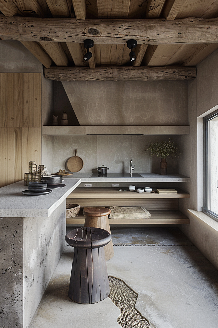 The image shows a modern rustic kitchen interior with a concrete countertop, wooden shelves and ceiling beams, and a window providing natural light. Decorations include various kitchenware and a stool. The atmosphere evokes a warm, minimalist style. Modern kitchen with rustic wooden elements, concrete countertop, and minimalist decor.