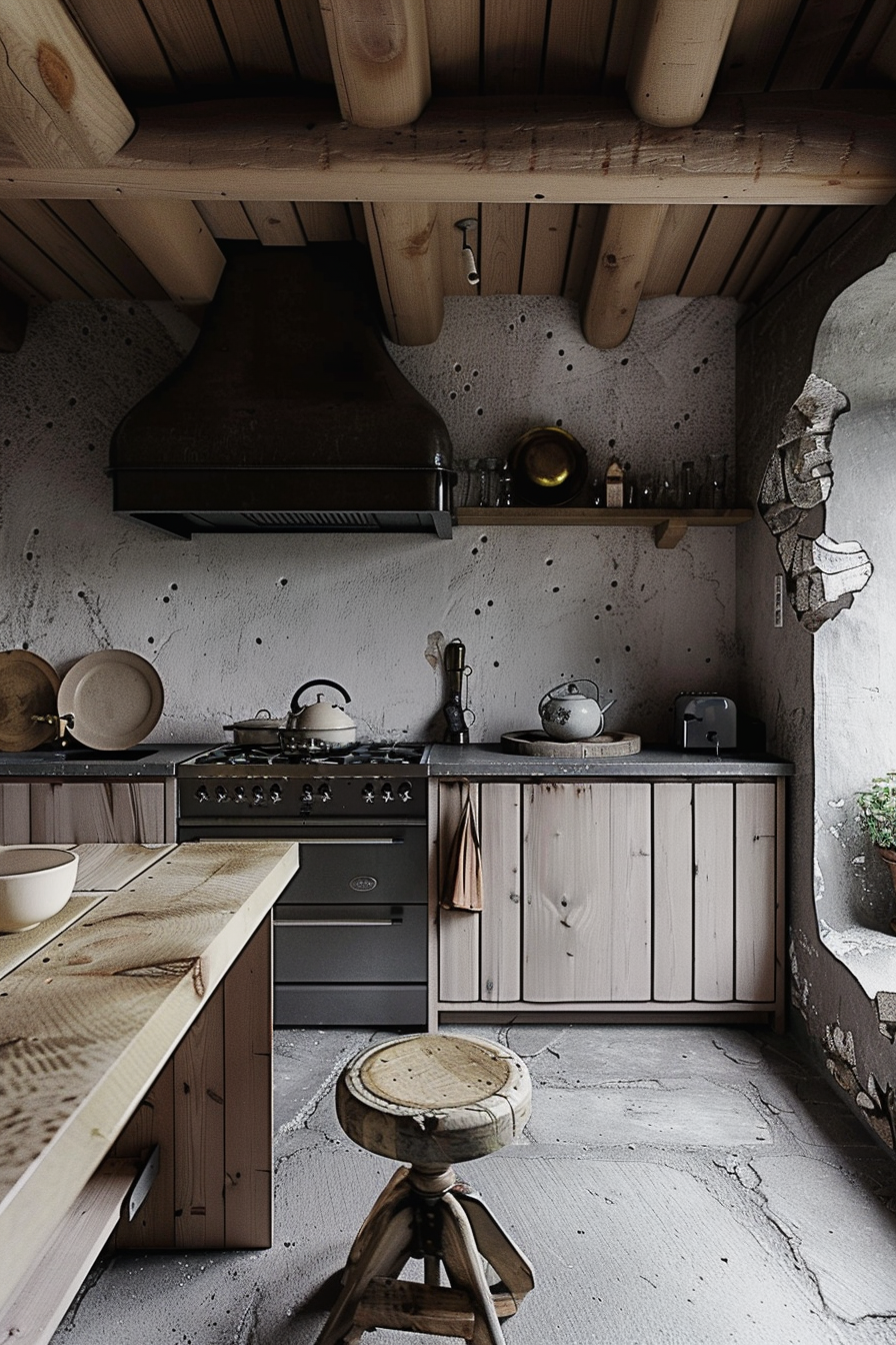 The image shows a rustic kitchen setting with a vintage aesthetic. The kitchen has a wood beam ceiling and concrete walls. There is a large cooking range with gas burners and an oven, situated beneath a wall-mounted range hood. Wooden cabinets and shelves store various kitchen items including pots, pans, and utensils. A wooden kitchen island with a pale wooden countertop sits in the foreground, to the left, with a wooden stool in front of it. The kitchen’s color palette is neutral, with the warm tones of the wood contrasting against the grey concrete. The overall impression is of a cozy, traditional kitchen with a focus on natural materials and earthy colors. Rustic kitchen with wood cabinets, concrete walls, and vintage appliances.
