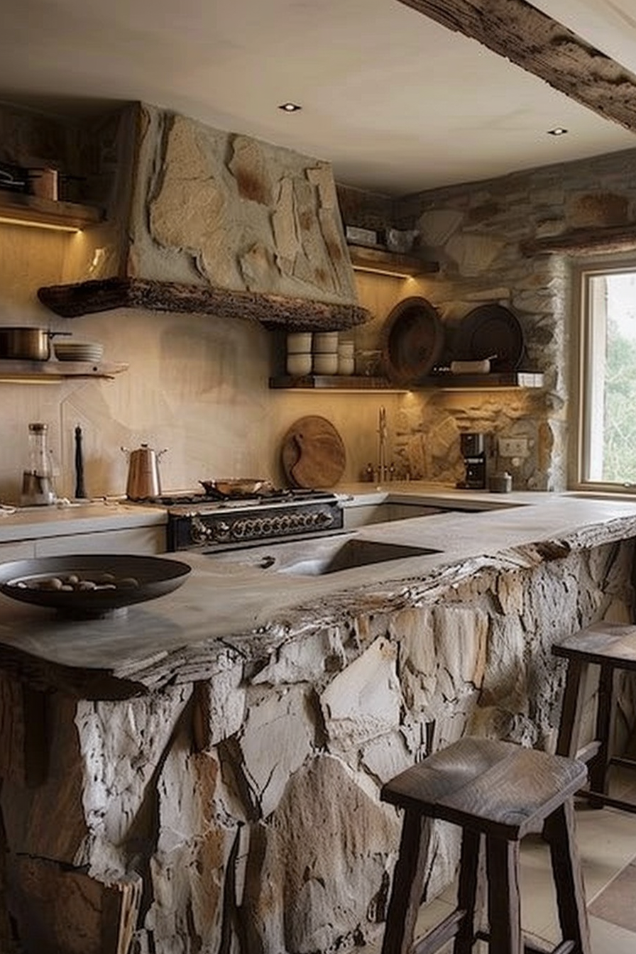 The image displays a rustic kitchen interior with natural stone elements incorporated into the structures. The kitchen features a countertop with a rugged, natural edge, and the facade appears to be made of stacked stone. There are open shelves above with various pots, pans, and other kitchenware. The wooden elements, such as the beams on the ceiling and the bar stools, complement the earthy, stone textures. The scene conveys a cozy, traditional countryside ambiance. Rustic kitchen with natural stone countertop, open shelves, and wooden elements.