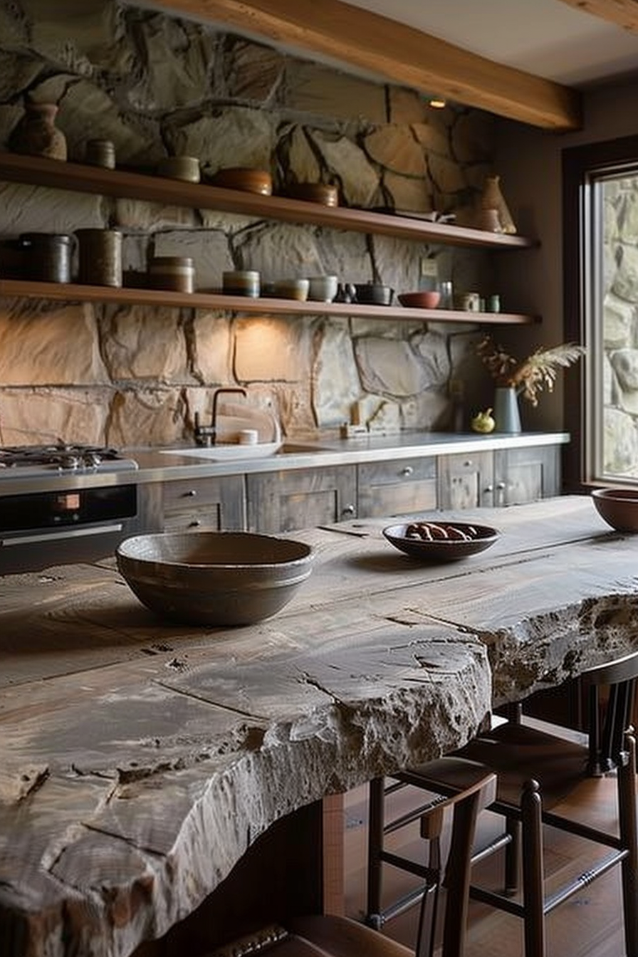 The image shows a rustic kitchen interior with a natural wooden table as the centerpiece. The table appears to be made from a solid, rough-edged slab of wood, giving it a unique and organic look. On the table, there are two ceramic bowls, one larger and one smaller with some round objects that might be bread rolls or decorative items. The kitchen features stone wall accents and wooden shelves above the counter, which are lined with various ceramic and pottery items. To the right, there's a window, allowing natural light to pour into the space. The cabinetry beneath the countertop is wooden with a muted finish, which complements the overall earthy tone of the room. Rustic kitchen with natural wood table, stonework, and pottery on shelves.