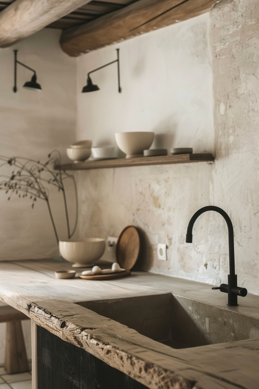 The image displays a rustic kitchen corner with a focus on a textured wooden countertop hosting a built-in rectangular stone sink, fitted with a high, elegant black faucet. Above the sink, against a roughly painted white wall, there is a wooden shelf holding an assortment of neutral-toned bowls and plates. Two black wall-mounted lamps are fixed above the shelf, each with an extended arm and a down-facing shade, adding a modern touch to the otherwise earthy and vintage ambiance of the scene. A dried plant provides a natural decorative element, leaning into the frame from the left side, roughly attached by a string. Rustic kitchen corner with wooden shelves, stone sink, and black faucet.