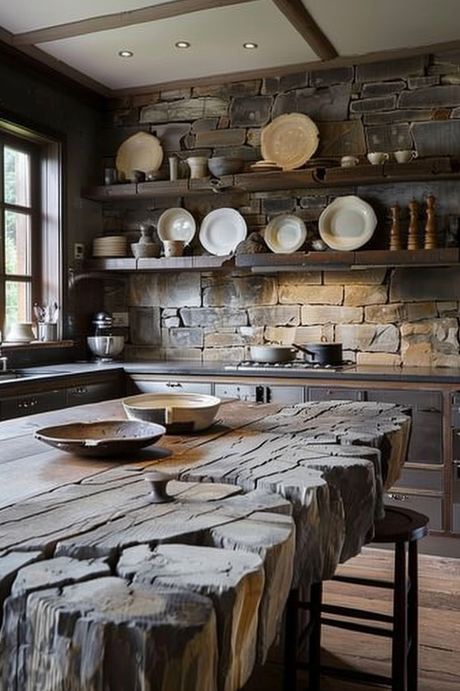 The image shows a rustic kitchen setting with a unique wooden slab countertop with an irregular natural edge, sitting atop metal legs. There is a stonewall backdrop with floating shelves holding a variety of plates, bowls, and other kitchenware. Below the shelves, a dark countertop holds modern kitchen appliances like a mixer and stovetop. The contrast between the rustic wood elements and the sleek appliances gives the kitchen a contemporary yet natural aesthetic. The floor is wooden, complementing the rustic theme of the space. Rustic kitchen with natural edge wood slab countertop and stone wall with shelves.