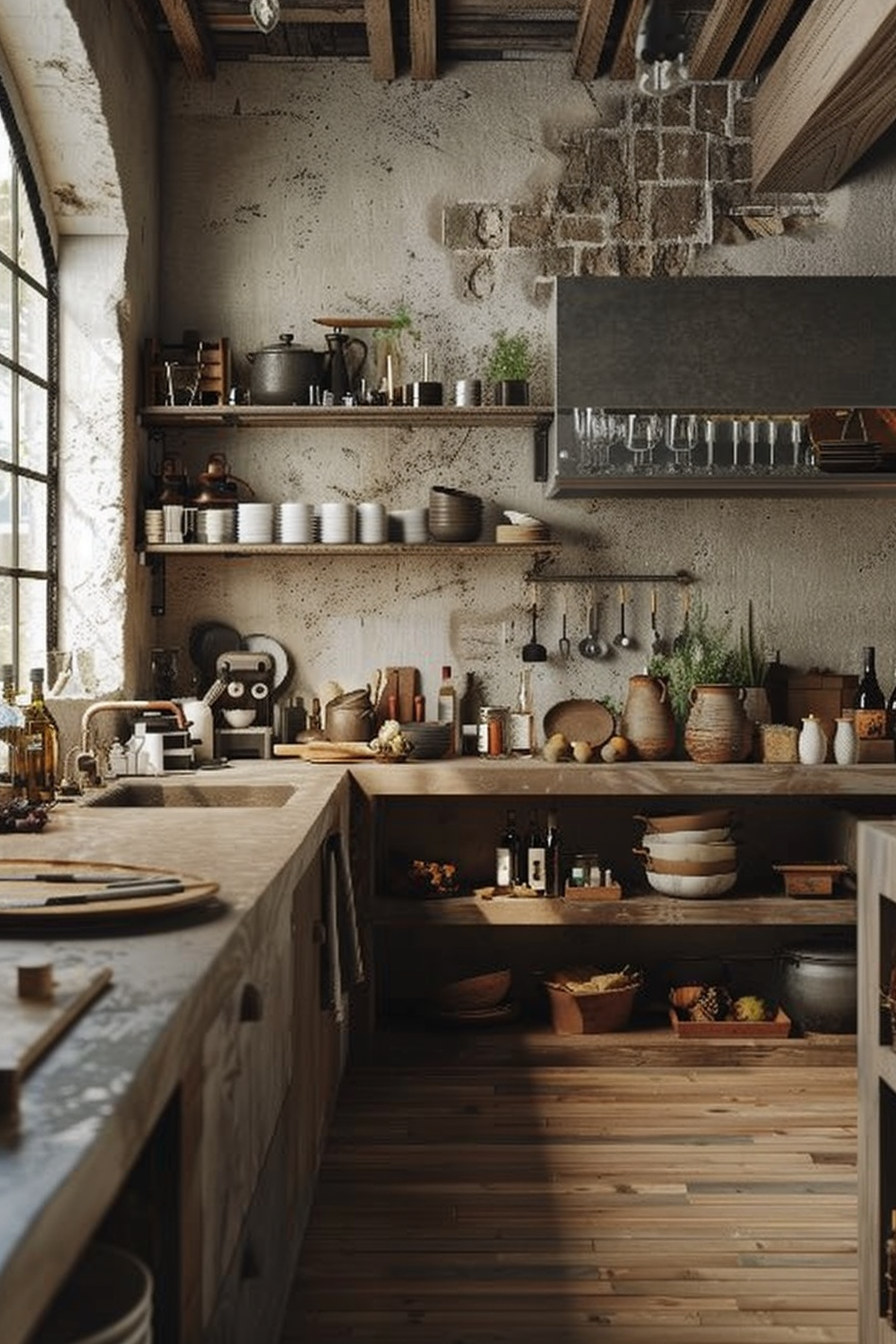 The image shows a rustic kitchen interior with an industrial touch. Exposed beams on the ceiling and weathered walls convey an aged aesthetic. On the left, open wooden shelves line the wall, holding various kitchenware like pots, pans, and utensils. An espresso machine, several jars, and cutting boards populate the counter below. To the right, a gray floating shelf contains glasses hanging upside down, and the counter beneath it has assorted bottles, bowls, and a stack of plates. A kitchen island occupies the foreground with cutting boards and some food items on top. Natural light streams in from a large window on the left, illuminating the space and accentuating the wooden floor's warm tones. Alt text: Rustic kitchen with industrial elements, wooden shelves with kitchenware, and a brightly lit window.