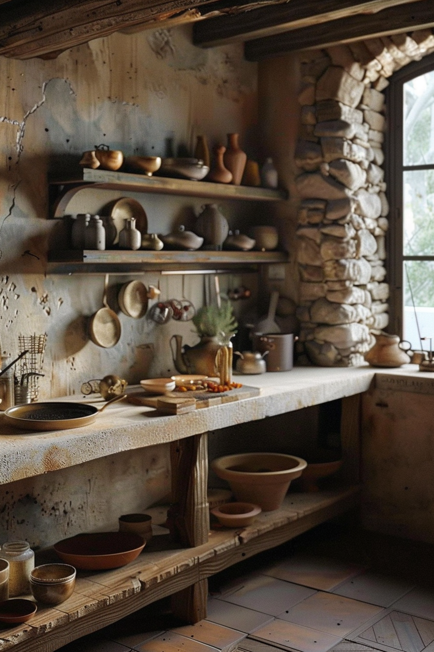 The image displays a rustic kitchen scene with an array of pottery on shelves and a countertop. The shelves are filled with various pots, plates, and jars made from clay, while a stone wall flanks a window letting in natural light. There are dishes and a cutting board with sliced vegetables on the counter, suggesting food preparation is underway. The kitchen has an old-world charm, evoked by the weathered wood, plaster walls, and terracotta tiles. Rustic kitchen with pottery on wooden shelves and food preparation on the countertop.