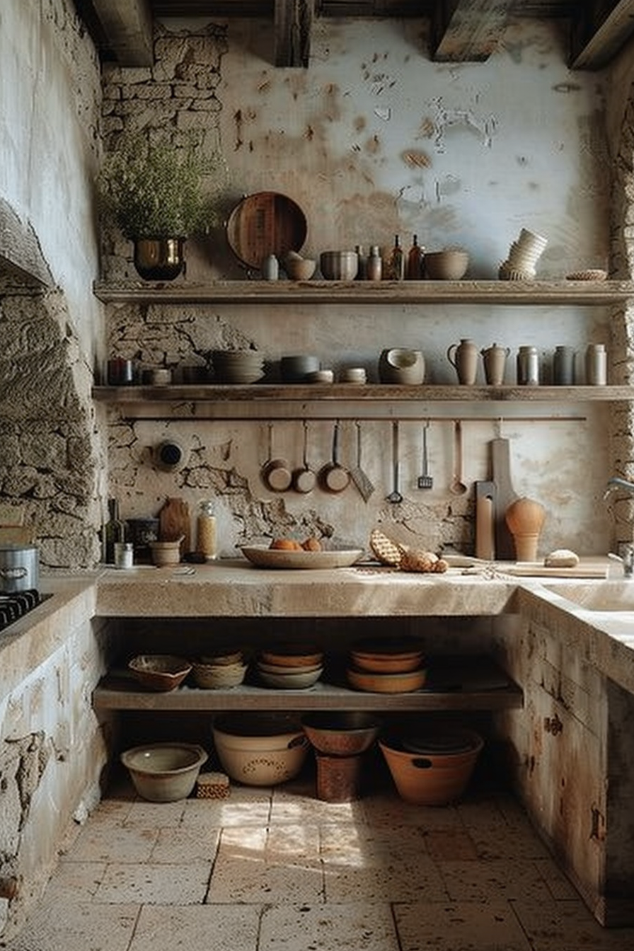 The image shows a rustic kitchen with a distressed aesthetic. There is a stonework wall on the left and a worn plaster wall on the back, offering a backdrop to open wooden shelving filled with various earthenware pots, pans, and dishes. On the counter, there are a few pieces of bread next to a cutting board, and hanging utensils are visible. The sun casts a warm glow through the scene, highlighting the texture of the stone floor and the natural materials used throughout the kitchen. Rustic kitchen interior with stone and plaster walls and wooden shelves displaying earthenware.