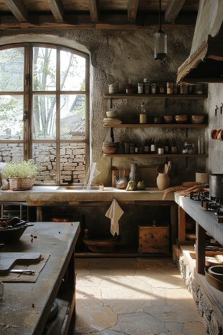 The image displays a rustic kitchen with a vintage charm. The room has natural light streaming through a large window with a view of trees outside. The walls are textured possibly with stucco or plaster, and there's a rough stonework visible through the window frame. Wooden beams span across the ceiling, and several wooden shelves line the wall, filled with various pottery, jars, and kitchen utensils. A sink is integrated into a solid countertop, below which are storage compartments. There's also a wooden table in the foreground, with some crumbs and a knife, suggesting recent use. The floor is made of large, uneven tiles that contribute to the rustic aesthetic of the space. A hanging pendant light with an industrial look completes the scene. Rustic kitchen interior with wooden shelves, stonework, and window view of trees.