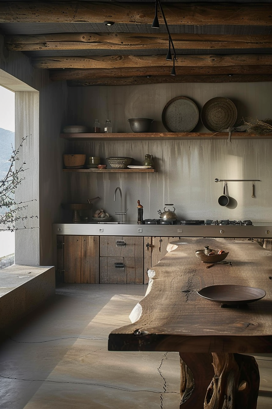 The image shows a rustic kitchen interior with prominent wood elements. The ceiling is comprised of thick, rough-hewn wooden beams. A kitchen island with a natural, uneven wood edge takes center stage. It appears to be a single piece of wood with organic edges and knots and a dark hue. On this wooden countertop, there are a few items, including a shallow bowl. Open shelving is integrated into the wall, displaying various pottery and a couple of bottles. The kitchen cabinetry also exhibits a rustic, wooden finish with visible grain and knots. The handles are simple, adding to the minimalist and natural aesthetic. A stove top is visible, and above it, a black metal pot hangs from a wall-mounted fixture. Natural light filters in, indicating a window out of view, casting soft shadows and contributing to the serene atmosphere. Rustic kitchen interior with wooden beams, uneven-edge island, and minimal decor.