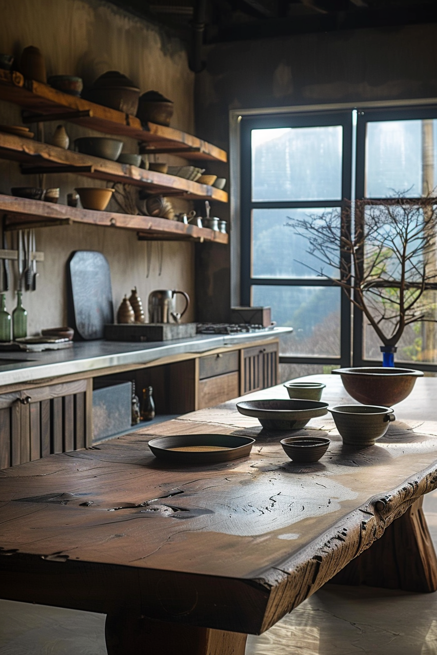 The image shows a rustic kitchen setting with a focus on a sturdy wooden table in the foreground. On the table, there are several ceramic bowls of different sizes and colors arranged neatly. Behind the table, a countertop houses various kitchen utensils, pots, and containers, arranged on open shelving. The kitchen space is well-lit by natural light streaming in through a large window with a view of trees and a mountainous landscape. A bare tree branch placed in a vase adds to the natural decor, enhancing the peaceful, earthy atmosphere of the room. An appropriate alt text could be: Rustic kitchen interior with wooden table and ceramic bowls, open shelves with utensils, and a window view of nature.