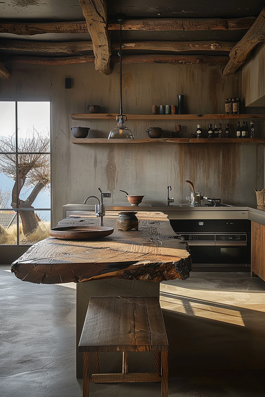The image shows a rustic kitchen with a distinctively natural feel. Exposed wooden beams stretch across the ceiling, which also features a hanging industrial-style light fixture. An unrefined wooden slab serves as a kitchen island in the center, with a matching bench beside it. The back wall is equipped with floating wooden shelves holding various pots and bottles, and a sleek built-in oven is seen to the right. A large window brings natural light into the space and offers a view of a barren tree outside, contributing to the tranquil, earthy atmosphere of the kitchen. Rustic kitchen interior with wooden beams, natural slab island, and a view of a tree outside.