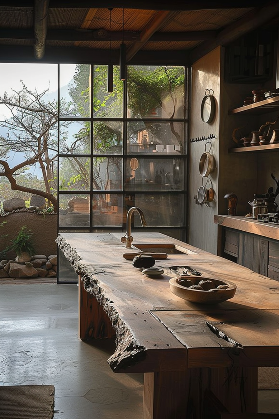 The image shows an interior kitchen space with a rustic, natural design. A large wooden kitchen island with a raw edge dominates the foreground, adorned with a couple of wooden bowls and some dark stones or fruit. An elegant brass tap emerges from the island's surface. The kitchen features open shelves lined with pottery and pans on the wall. A large window with black frames opens up to a view of trees and a clear sky, allowing natural light to flood the room. Above, wooden beams support the ceiling, contributing to the warm, organic aesthetic of the space. The floor is polished concrete, and there's a sense of tranquility and connection to nature in the overall setting. Rustic kitchen interior with raw edge wooden island and natural light.