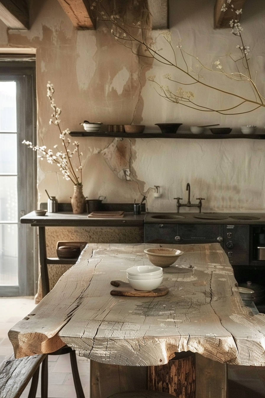 The image shows a rustic kitchen interior with a large, roughly hewn wooden table in the foreground. On the table are a few bowls and a wooden spoon, suggesting a simple, natural setting for food preparation or dining. The background features a kitchen counter with built-in appliances, a sink, and open shelves above, holding various bowls and dishes. The wall has a distressed finish, with patches of plaster revealing the underlying structure, adding to the rustic charm. A vase with slender branches bearing small flowers adds a delicate touch to the scene. Rustic kitchen interior with wooden table, bowls, and distressed walls.