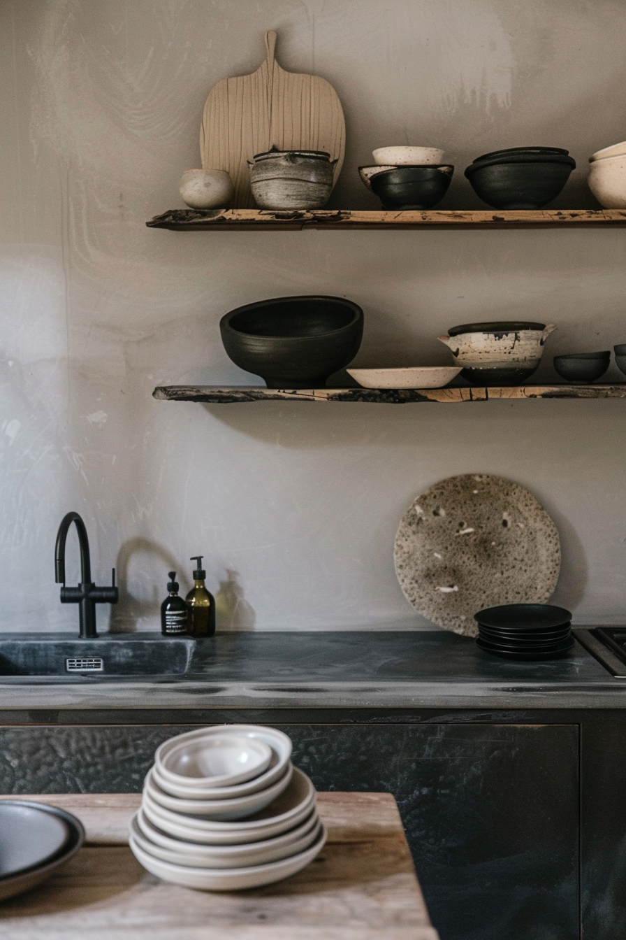 The image shows a modern rustic kitchen countertop and open shelving against a textured grey wall. On the countertop, there's a stack of white plates on a wooden cutting board. Above the counter, two wooden shelves hold a variety of bowls and plates, mostly in black and white tones, and there is a wooden cutting board in the shape of a kitchen utensil. The visible portion of a matte black faucet complements the color scheme of the kitchenware. Rustic kitchen with wooden shelves, a black faucet, and monochrome dishware.
