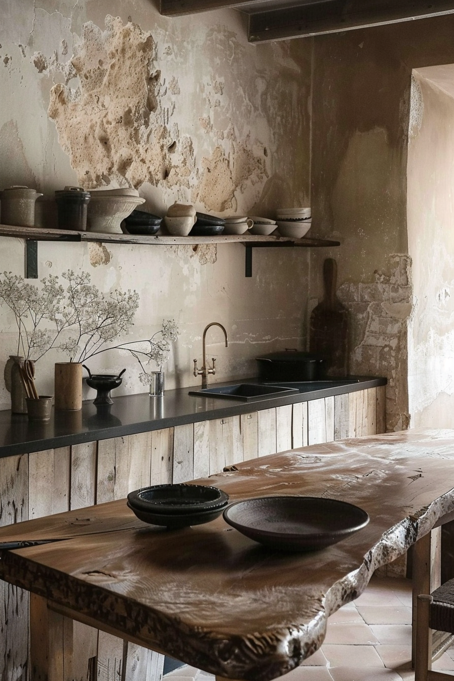 The image shows a rustic kitchen interior with a weathered aesthetic. There is a large wooden dining table in the forefront with two black plates on it. Behind the table is a kitchen counter with a built-in sink and a brass faucet. Above the counter, there are two shelves mounted to a distressed wall, which are holding various earthenware and pottery items. A bunch of dried flowers in a vase sits on the counter, complementing the rustic charm of the space. Rustic kitchen with wooden table, distressed walls, and pottery on shelves.