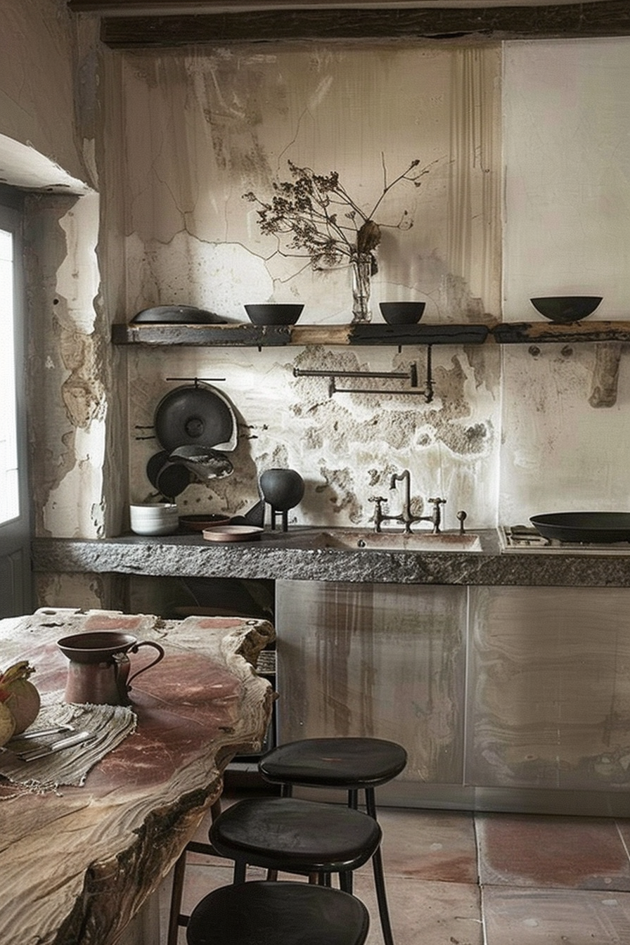 The image shows an unusual rustic kitchen with a raw aesthetic. There is a large, naturally edged wooden table with rough surfaces and uneven sides that looks like a thick cross-section of a tree. On top, there's a copper cup and some dishes. The table is paired with simple, round-top stools. The kitchen counters are topped with a mottled gray stone, and there are open shelves above holding dark-colored bowls and a frying pan. A large, old-fashioned black kettle sits on a modern stove, contrasting with the antique vibe. The walls are textured and bear the patina of age, with marks and stains adding to the rustic charm. A small vase with dried flowers provides a touch of nature. Overall, the space combines modern amenities with a raw, unfinished look that gives the sense of stepping into an earlier era or a rural retreat. Rustic kitchen with large wooden table, modern stove, and antique-style utensils.