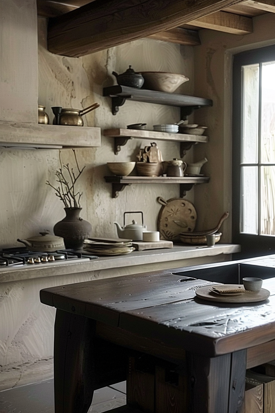 The image features a rustic kitchen setting with a focus on the texture and natural materials used throughout. A dark wooden table is at the forefront showing marks of use and a few items on it. In the background, wooden shelves adorned with pottery, kitchenware, and cooking utensils line the plastered wall. A stovetop partially hidden by the table appears to be on the left, with brass pots and a teapot visible. A vase with dried branches adds a decorative touch. Warm, subdued lighting suggests a cozy and homely atmosphere. Rustic kitchen with wooden shelves, pottery, and a dark, well-used wooden table.