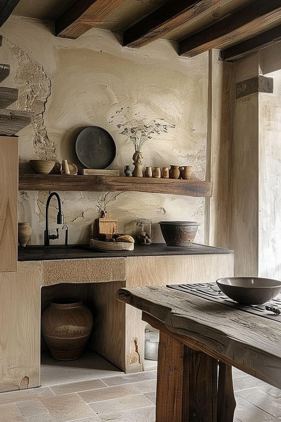 The image shows a rustic kitchen with natural wood cabinetry and a textured plaster wall. An open shelf displays a variety of pottery and wooden utensils. Below the shelf, there's a black faucet over a dark countertop with assorted kitchen items, including a cutting board and glass jars. In the foreground, a textured wooden table with a large ceramic bowl on it can be seen, and a large pottery urn is placed under the counter space. The kitchen has a cozy atmosphere with its earthy tones and simple design. Rustic kitchen with wood cabinets, shelf with pottery, black faucet, and textured wall.